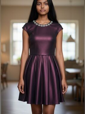 TED BAKER 0 US 2 Ayma Embellished Oxblood Metallic Fit & Flare Skater Dress Prom